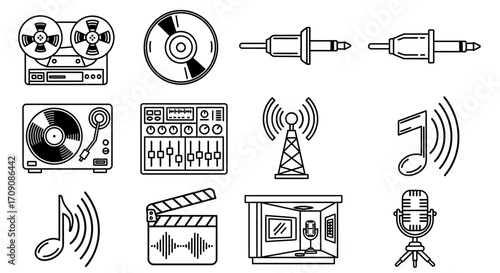 Recording Studio Equipment Icons: Reel, CD, Mixer, Mic