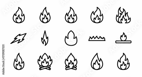 Collection of Fire Flame Icons, Line Art Style