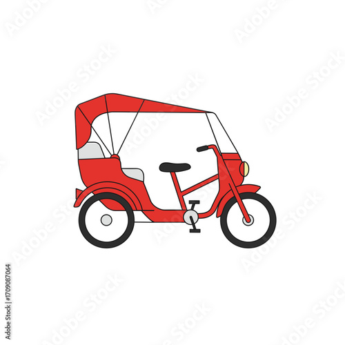 Vibrant Red Rickshaw Bicycle with Canopy, Side Profile, Clean Lines