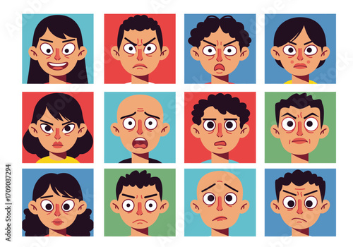 Cartoon Faces Displaying Various Emotions and Expressions in a Grid Pattern.