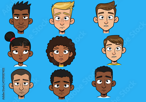 Cartoon Faces Expressing Concern or Worry Diverse Group of People.