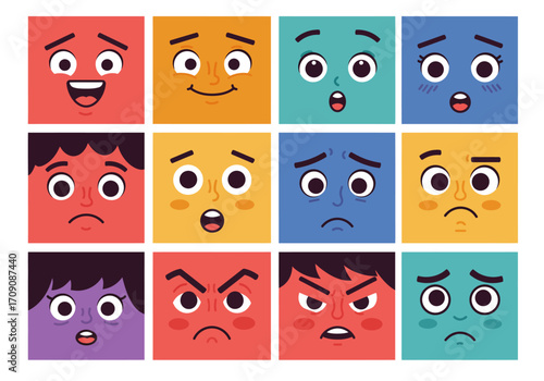 Cartoon Faces Expressing Different Emotions in Colorful Square Frames Isolated on White.