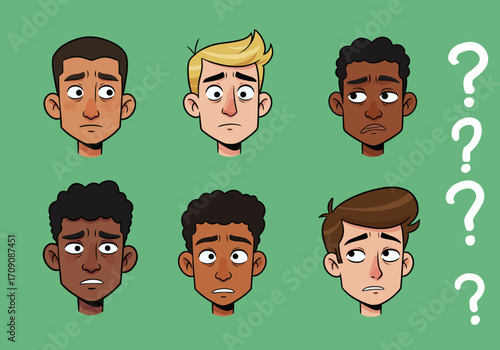 Cartoon Faces Expressing Confusion with Question Marks on Green Background.