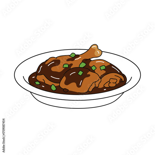 Delicious Chicken Dish with Gravy and Green Garnish on a White Plate