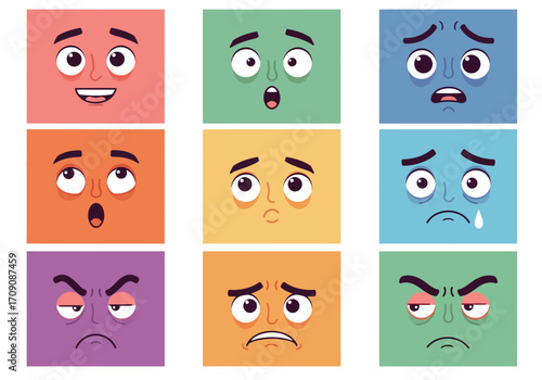 Cartoon Faces Expressing Different Emotions in a Grid Layout Colorful and Expressive.