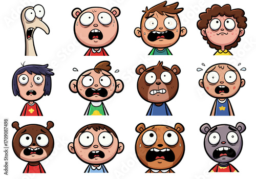 Cartoon Faces Expressing Fear and Anxiety Featuring Humans and BearLike Characters.