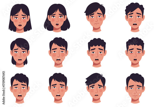 Cartoon Faces Expressing Sadness and Disappointment Diverse Hairstyles.