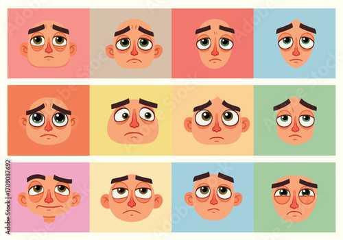 Cartoon Faces Expressing Sadness and Disappointment on Colorful Backgrounds.