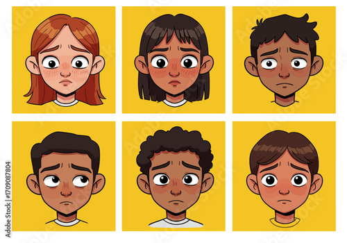 Cartoon Faces Expressing Sadness on Yellow Background.