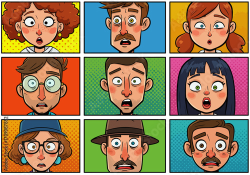 Cartoon Faces Expressing Shock and Surprise in a Comic Book Style Grid.