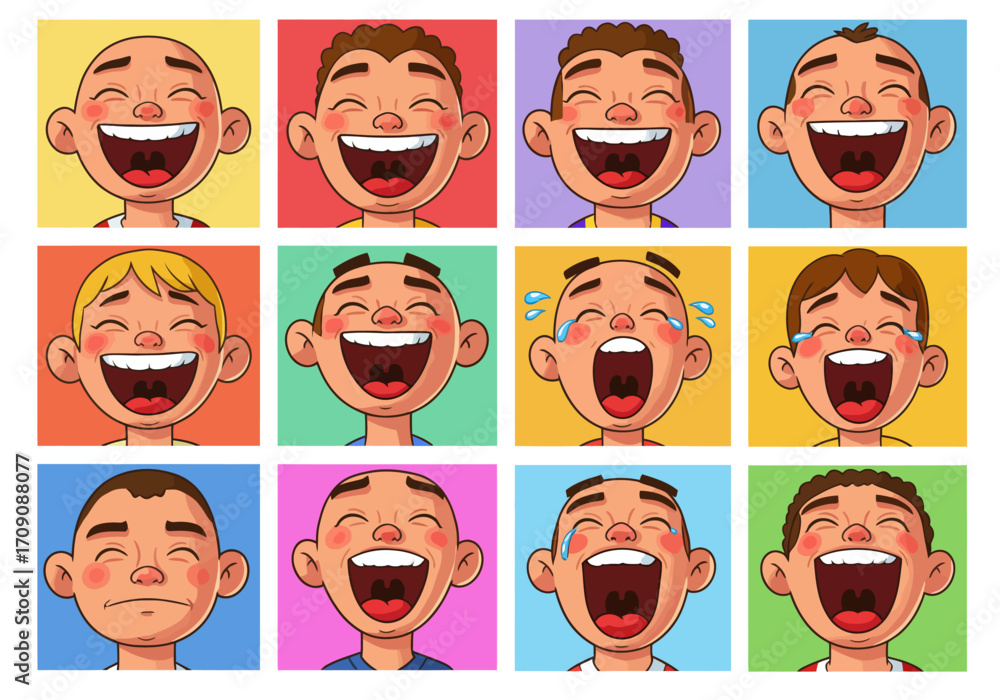 Fototapeta premium Cartoon Faces Expressing Various Emotions Laughter Sadness and Neutral Expressions.
