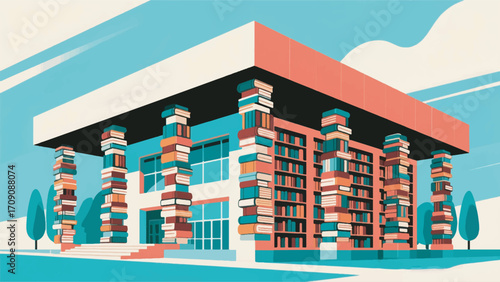 Illustration Of A Library Building With Pillars Made From Stacks Of Books Vector Design Template