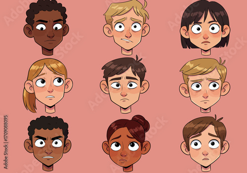 Cartoon Faces Expressing Various Emotions on Pink Background Diverse Characters.