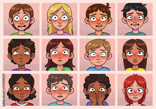 Cartoon Faces Showing Embarrassment Shame or Anxiety with Red Cheeks and Wide Eyes.
