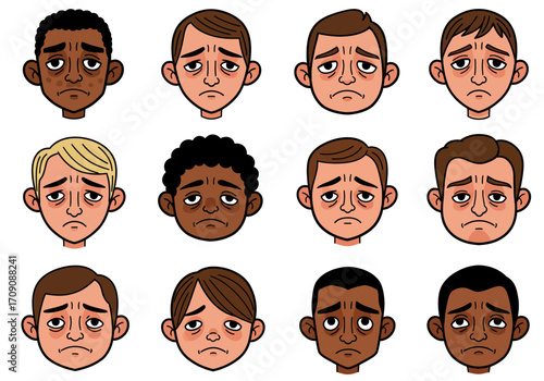 Cartoon Faces Showing Tiredness and Sadness with Dark Circles Under Eyes.