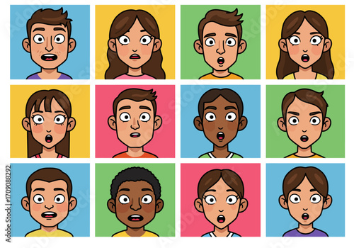 Cartoon Faces with Surprised Expressions on Colorful Backgrounds Diverse Group.