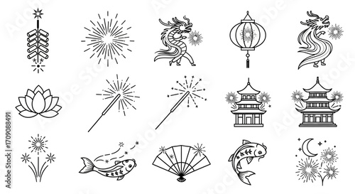 Collection of Chinese New Year Icons in Black and White