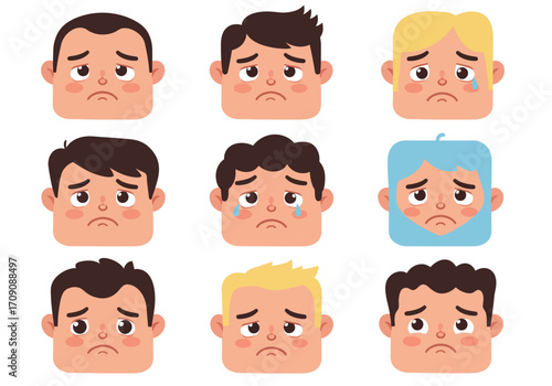 Collection of Sad Cartoon Faces with Different Hair Colors and Styles.