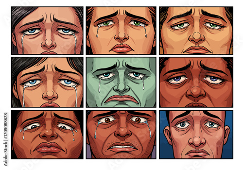 Comic Book Panel of Diverse Faces Expressing Sadness and Crying.