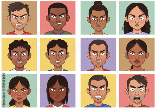 Diverse Angry Cartoon Faces Expressing Frustration and Displeasure.