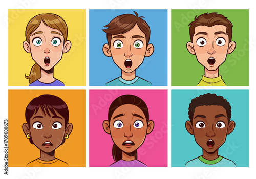 Diverse Cartoon Faces Expressing Surprise and Shock on Colorful Backgrounds.
