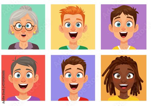 Diverse Cartoon Faces Expressive Characters with Varied Hairstyles and Skin Tones.