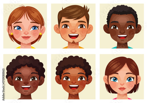 Diverse Cartoon Faces Smiling Children of Various Ethnicities and Hair Styles.