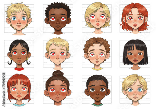Diverse Cartoon Faces with Heart Eyes A Collection of Expressive Characters.