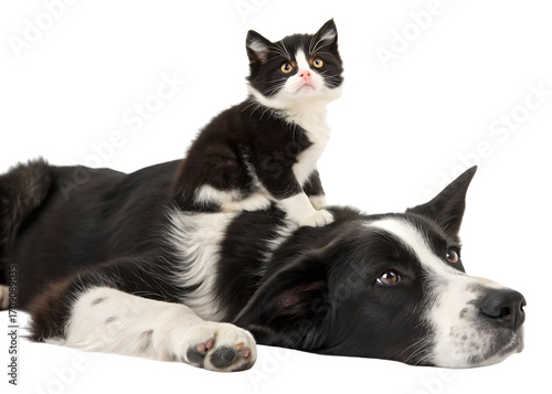 Cute Kitten on Top of Big Dog Looking Upward Together