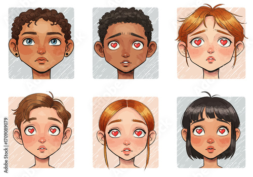 Diverse Cartoon Faces with Heart Eyes Expressing Love and Affection in Various Styles.