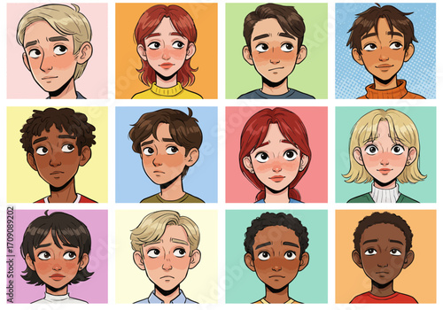 Diverse Cartoon Portraits A Collection of Stylized Faces with Varied Expressions.