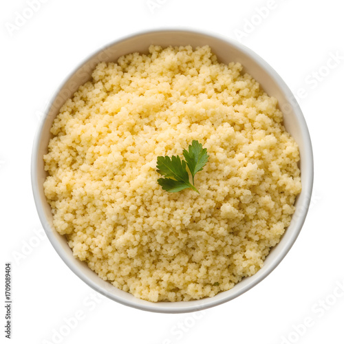 Top View of White Bowl Filled with Plain Cooked Couscous and Parsley grain semolina