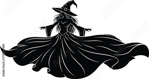Mystical silhouette of a witch in flowing dress and pointed hat, magical fantasy figure with long hair, enchanting Halloween costume illustration