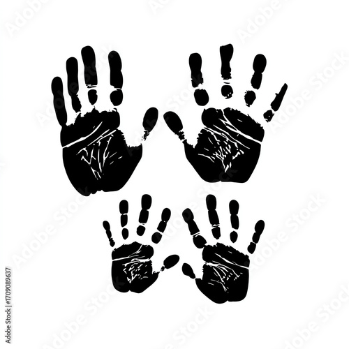 Two pairs of black handprints on a white background, one large and one small, symbolizing adult and child hands or family connection