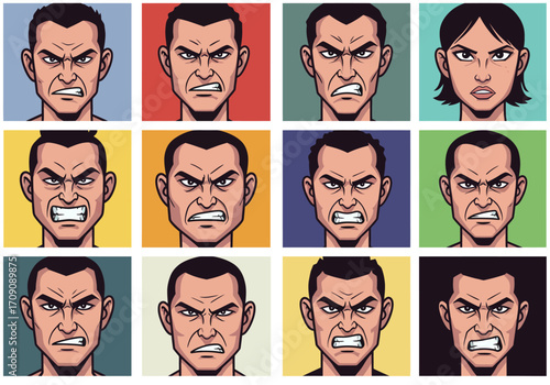 Grid of Angry Cartoon Faces with Varied Expressions and Background Colors.