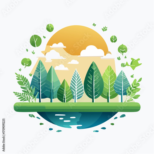 Stylized flat design illustration of a vibrant forest ecosystem with a sun, clouds, and water, representing nature and ecology.