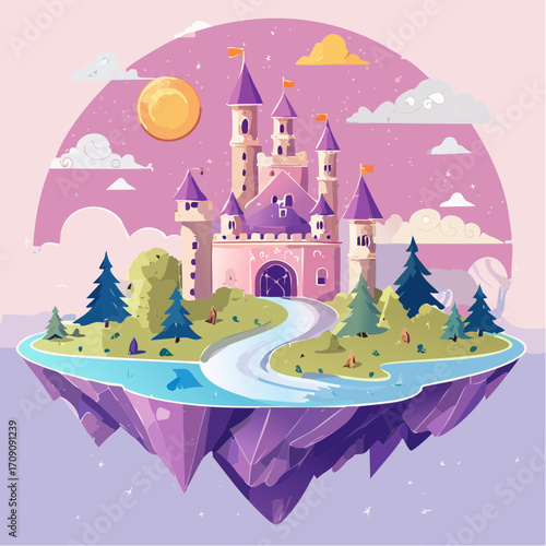 A magical fairytale castle with purple spires on a floating island against a pink sky.