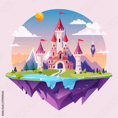 A whimsical fairytale castle with red spires on a magical floating island surrounded by mountains and clouds.