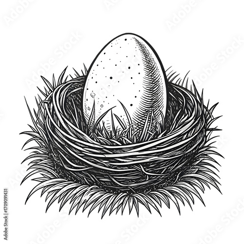 Bird's Nest with Egg: Black and White Illustration, Nature Art, Avian Reproduction, Wildlife Graphic on transparent background
