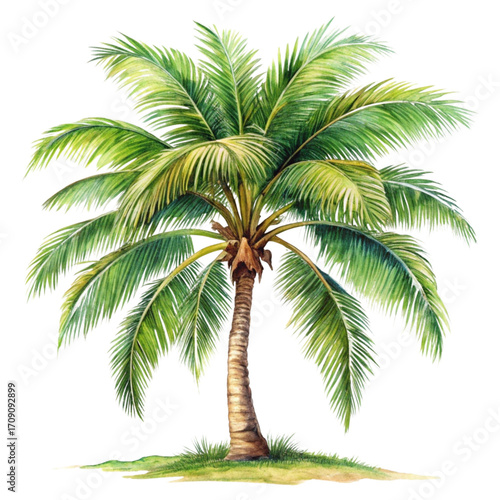 Watercolor painting of a single palm tree on a small island