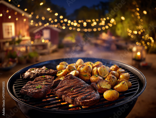 Grilled steaks and seasoned baby potatoes cook over an open flame on a round barbecue grill, set against a cozy outdoor evening scene with string lights and warm ambiance