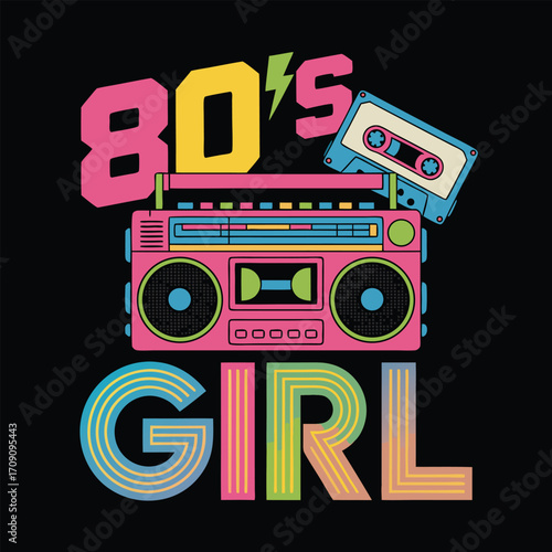 Retro boombox cassette tape girl 1980s music