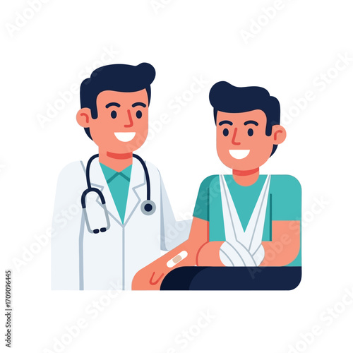 Doctor examining young boy's broken arm in hospital, ensuring proper care and recovery with a friendly and reassuring approach, cartoon style.