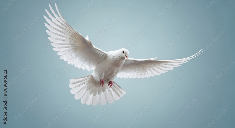 Fototapeta premium A graceful white dove flying with its wings fully spread against a serene, pale blue sky. A symbol of peace, freedom, and the holy spirit.