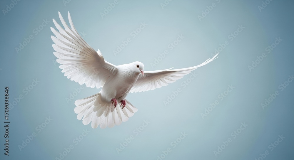 Obraz premium A beautiful white pigeon in full flight against a soft, solid background. An image of hope, purity, and grace.
