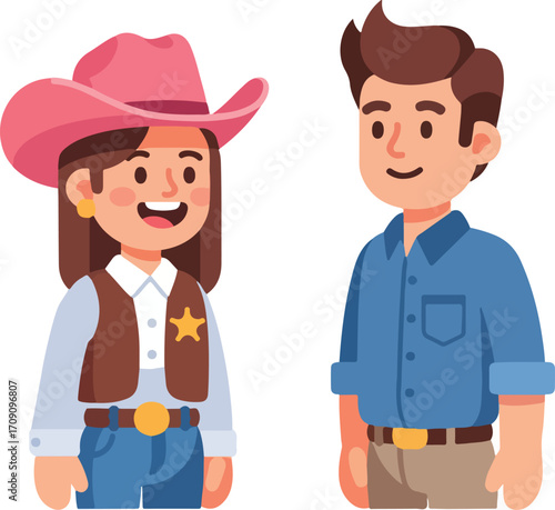 Smiling young woman wearing a pink cowboy hat and vest stands next to a man in a blue shirt, showcasing western fashion and friendship with a cheerful mood.