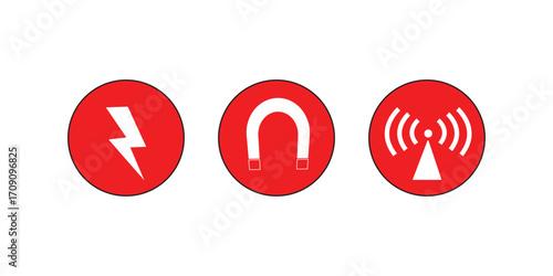 Set of caution and warning signs including high voltage, magnetic field, and non-ionizing radiation icons, useful for industrial safety and hazard labeling materials