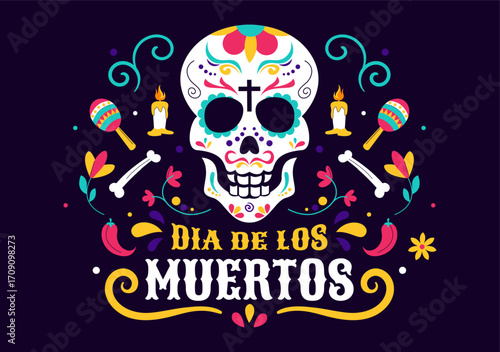 Dia de los Muertos or Day of the Dead Vector Illustration featuring a Skeleton Playing Music, Wearing a Sombrero and Traditional Mexican Costume