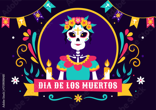 Dia de los Muertos or Day of the Dead Vector Illustration featuring a Skeleton Playing Music, Wearing a Sombrero and Traditional Mexican Costume