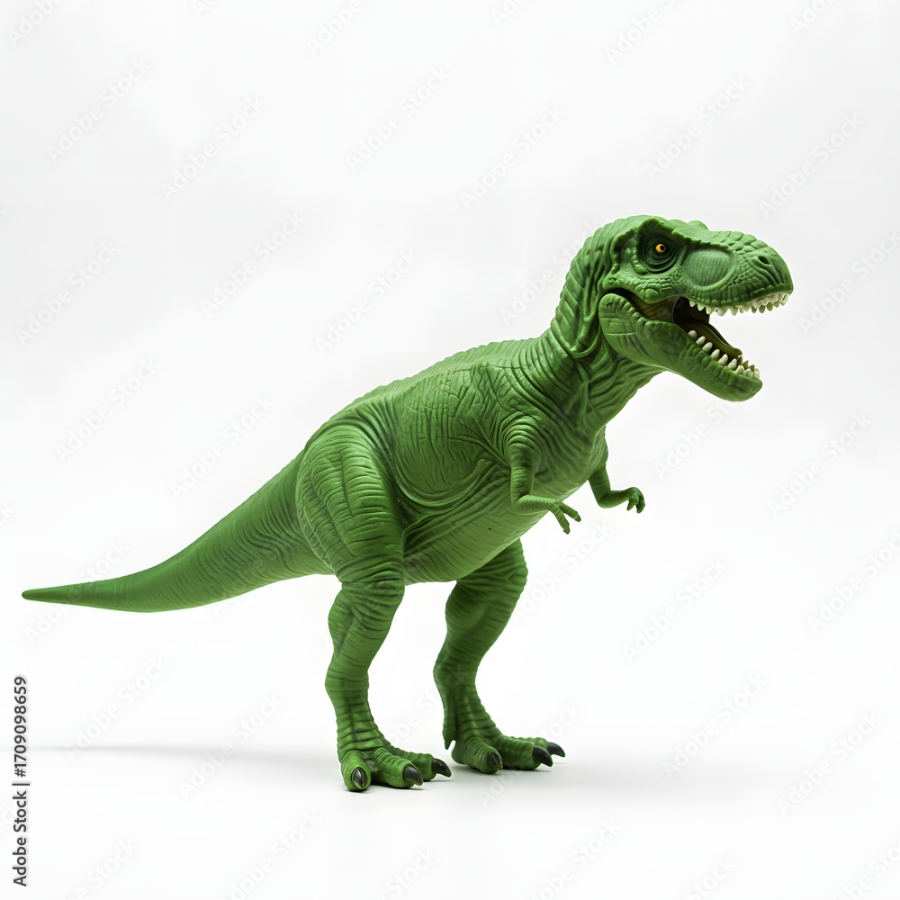 Obraz premium Lifelike green Tyrannosaurus Rex dinosaur model in a threatening stance with sharp teeth, captured against a pure white background